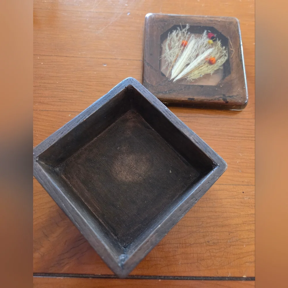 70s Wood Box With Resin Top That Has Dried Flowers And A Lady Bug